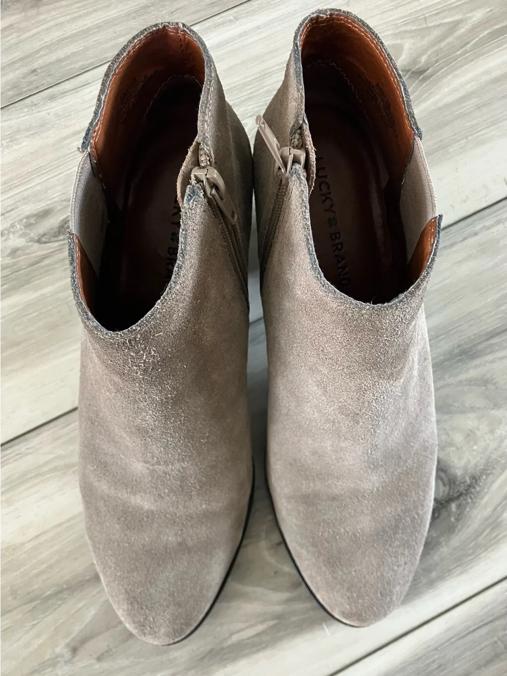 Lucky Brand Taupe Suede Ankle Booties with Stacked Heel